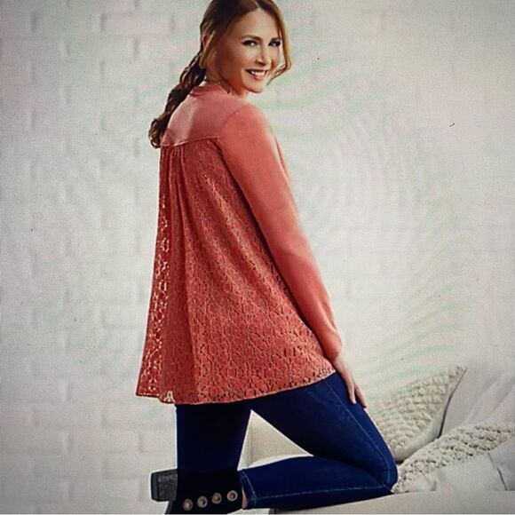 LOGO Lounge By Lori Goldstein Zip Front Cardigan W/ Lace Back Women's Size M - Picture 3 of 16